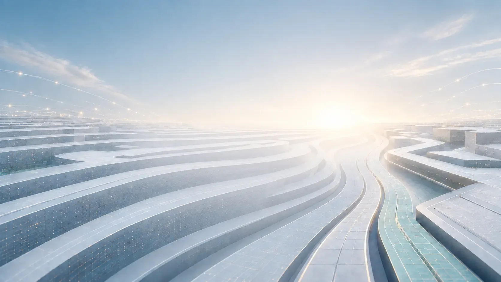 Abstract futuristic architectural render of pale curved terraces with fine gold light trails running toward the horizon