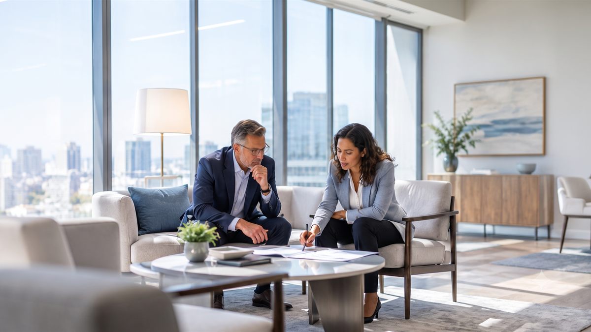 Two GSS advisors reviewing documents together in a bright, light-filled meeting room