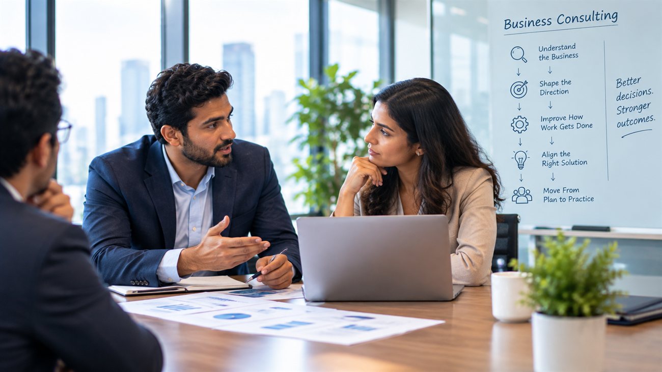 A GSS consultant presenting a business consulting process to a client team around a laptop, with the steps displayed on a whiteboard behind them