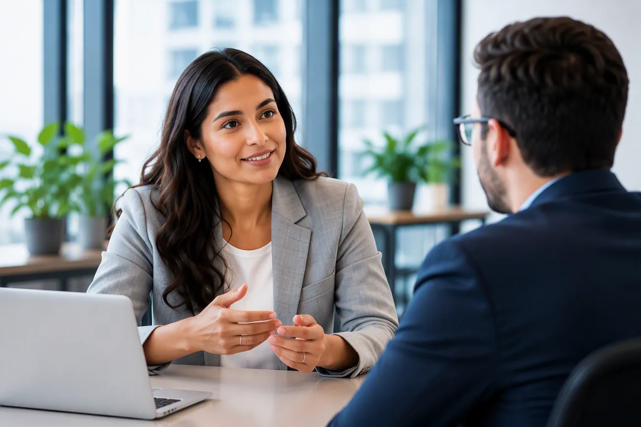 A GSS recruiter listening across the table during a candidate conversation in a light-filled office