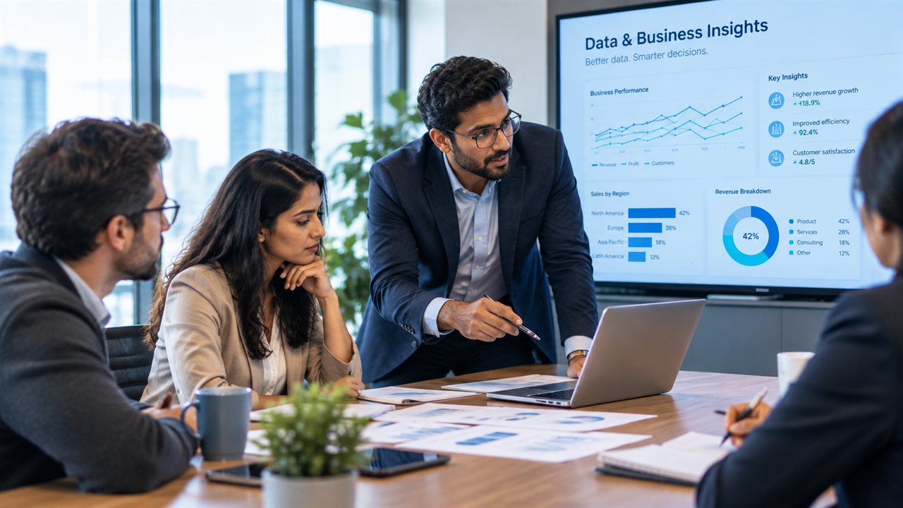 A GSS consultant presenting business performance data and revenue insights to a client team on a screen and laptop in a meeting room