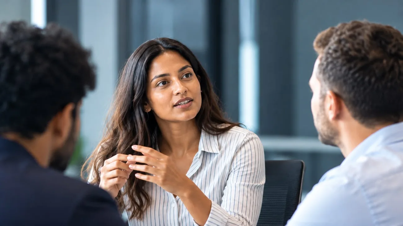 Three colleagues in an open office discussing an approach together