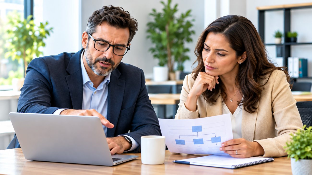 A GSS advisor and a colleague reviewing an architecture diagram together at a laptop